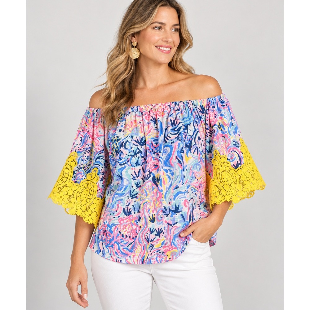 Lilly Pulitzer Zaylee Womens Yellow Crochet Floral Lace Bell Sleeve Top Medium
